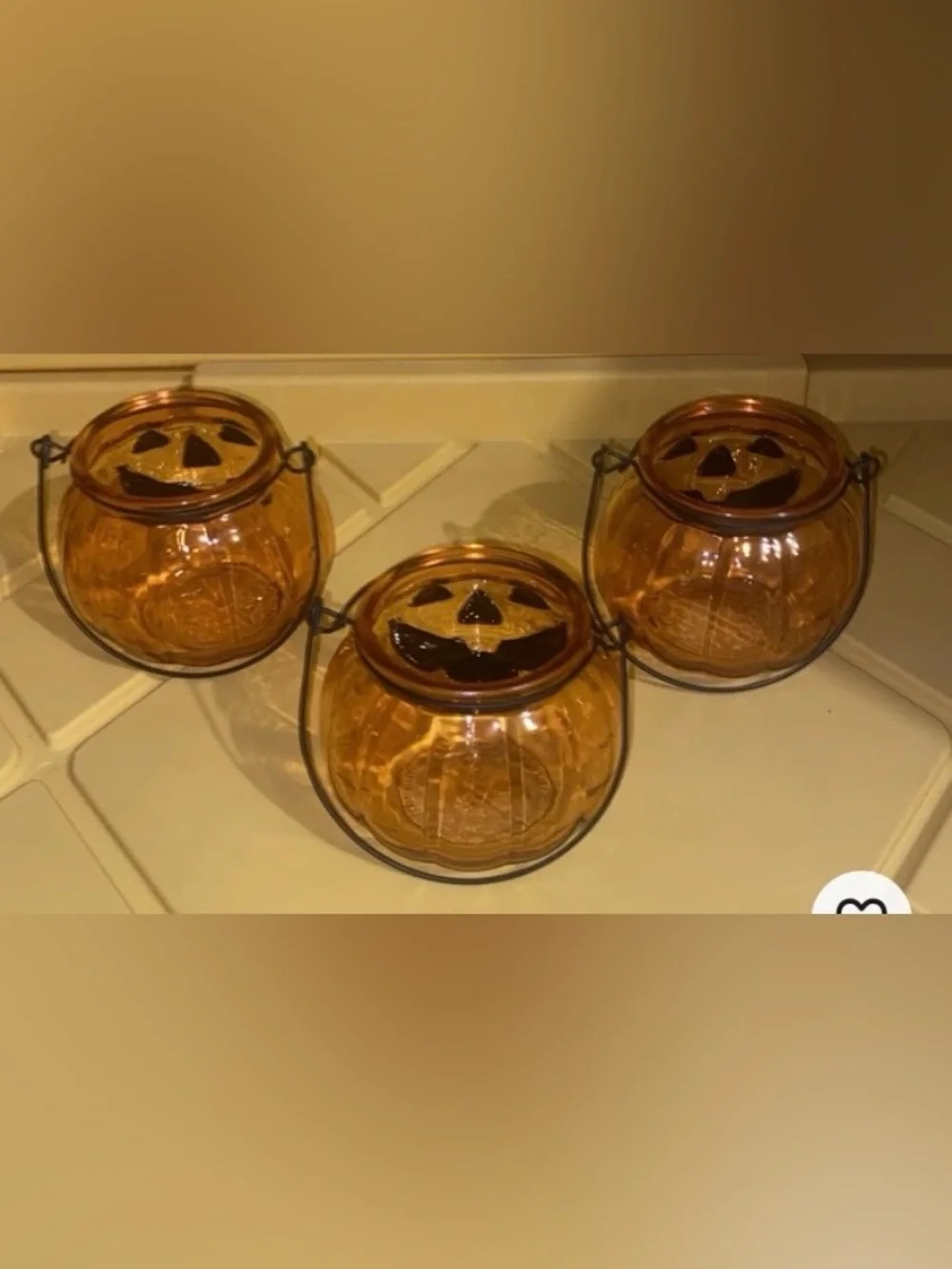 Halloween Orange Pumpkin Glass Jack-o-Lantern Candle Holder w/ Handle Set of 3